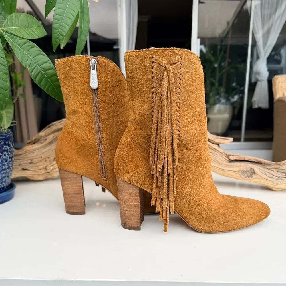 Charles by Charles David Brown Suede Fringe Block Heel Booties Size 8M